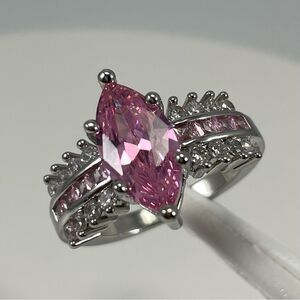 Beautiful Statement Elegant Marquise Cut Pink Diamond CZ Silver Plated Ring